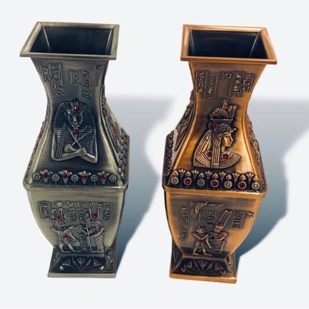 Vintage Unique Egyptian Handmade Silver & Bronze Colored Pewter Vases. RARE!